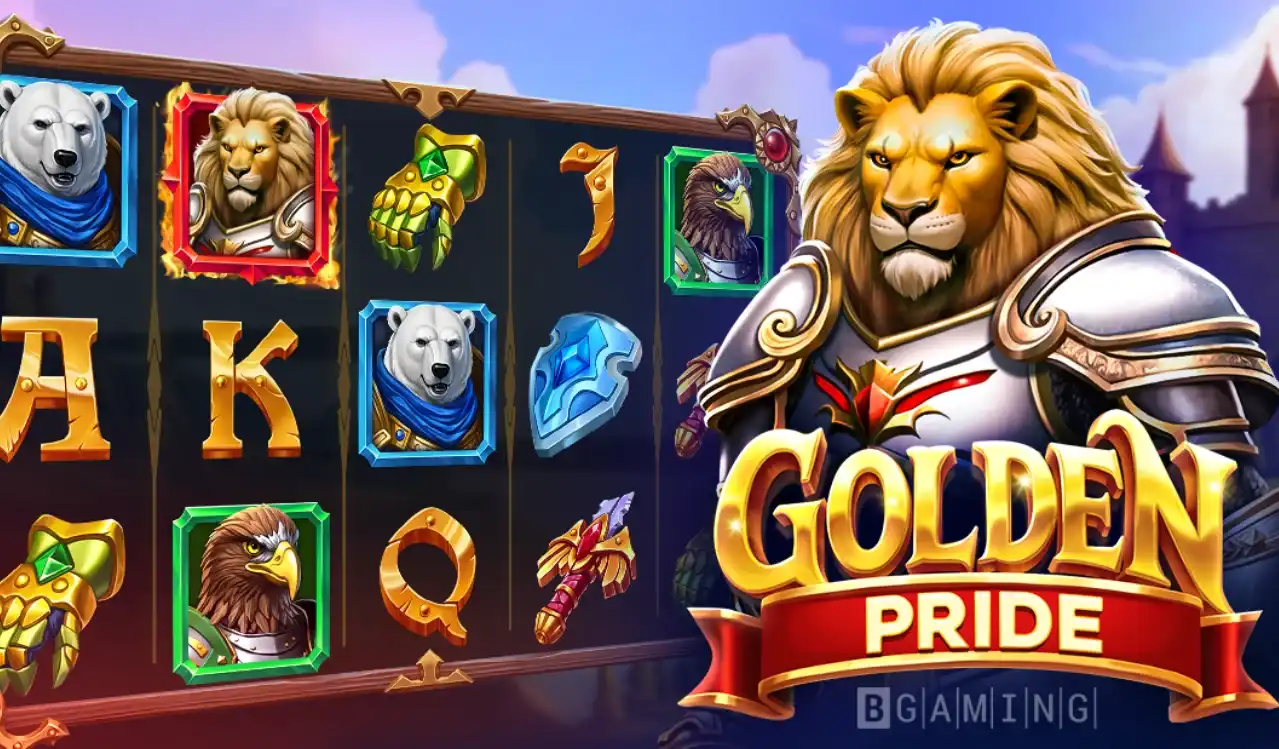 Golden Pride slot game featuring King Lion in battle.